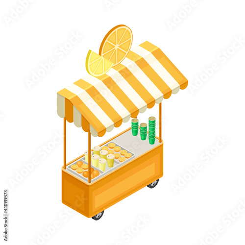 Counter with Awning as Outdoor Food Court or Food Vendor Selling Refreshing Orange Juice Isometric Vector Illustration