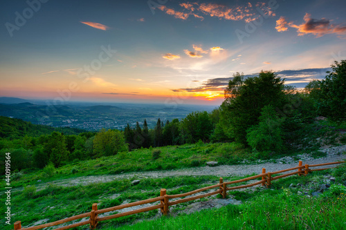 Fototapeta Naklejka Na Ścianę i Meble -  Amazing sunset from the Rownica peak with the Silesian Beskids view. Poland