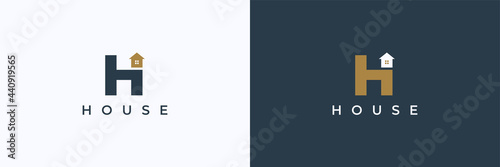 Initial Letter H House Logo. Gold and Blue Geometric Shape H Letter with House Icon Combination isolated on Double Background. Flat Vector Design for Business and Building Logo Template Element.