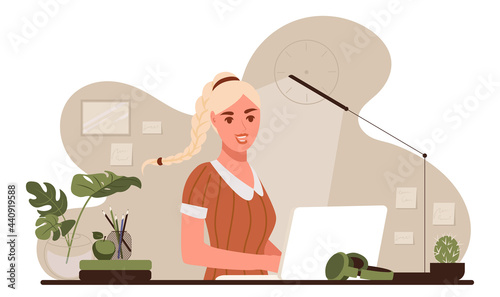 A young woman geography teacher at school points to a map of the world. Cartoon vector illustration