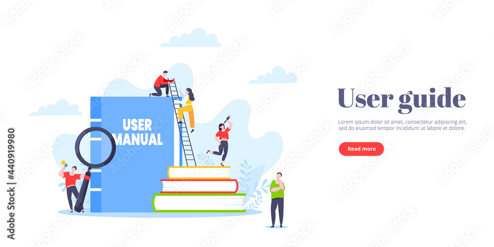 Naklejka premium User manual guide book flat style design vector illustration. Tiny people, magnifying glass and guidance manual instructions working together with guide book. Specifications user guidance document.