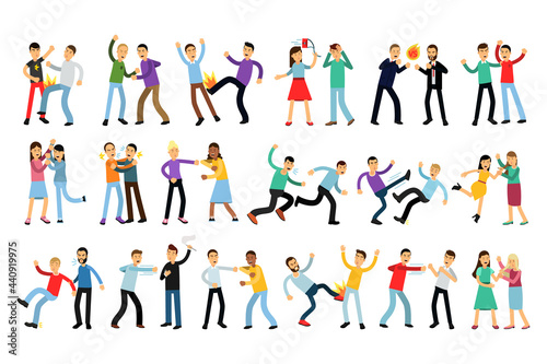 Warring People Character Fighting and Yelling at Each Other Vector Illustration Set