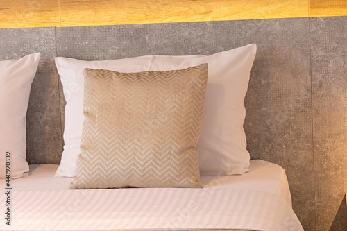 Pillows on a hotel bed, closeup
