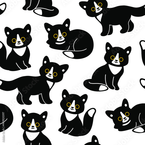 Cute cartoon black cat character. Seamless pattern and background. Vector design print.