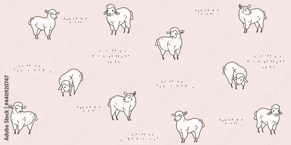 Seamless trendy pattern with style cartoon sheep in various poses. Flat design print in beige  color.