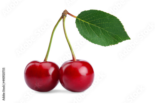 two berries of a ripe juicy red cherry with a green leaf on a white isolated background.