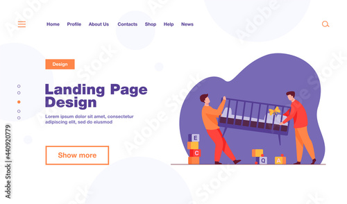 Two men carrying new child cot. Bassinet, parent, newborn flat vector illustration. Furniture and childbirth concept for banner, website design or landing web page