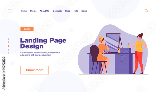Woman applying makeup while chatting with female friends. Girls preparing for party together flat vector illustration. Friendship, beauty care concept for banner, website design or landing web page