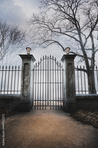 Fotografie 3D Rendering, illustration of an old cemetry fence on a foggy day