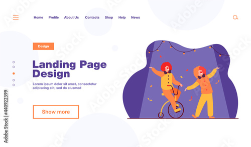 Happy clowns standing on circus arena flat vector illustration. Cartoon joker characters performing show on colorful background. Comedy and entertainment concept