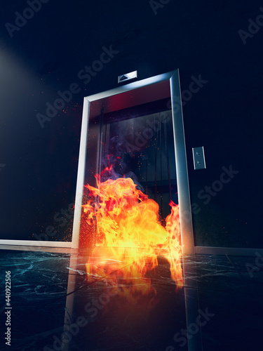 3D rendering, illustration of open elevator doors leading to hell.