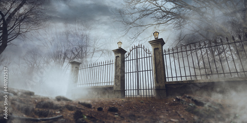 3D Rendering, illustration of an old cemetry fence on a foggy day