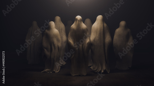 3D Rendering, illustration of several ghostly figures in a dark background