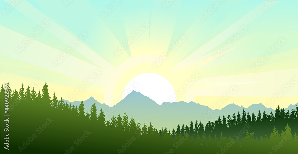 Pine forest. Silhouettes of coniferous trees. Wild landscape horizontally. Mountains. Nice panoramic view. Beautifully illustration vector