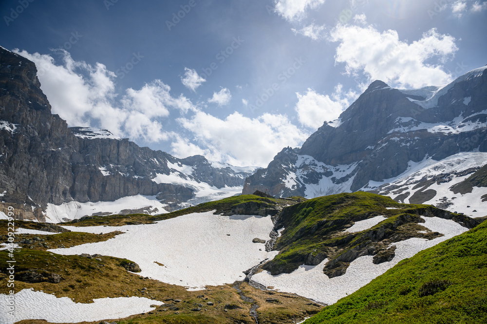 Fridolinshütte SAC with peak of Tödi in the Glarus Alps