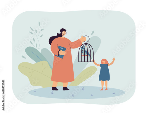 Teacher showing parrot in cage to pupil. Woman in glasses with caged exotic bird, happy girl flat vector illustration. Education, nature, wildlife concept for banner, website design or landing page