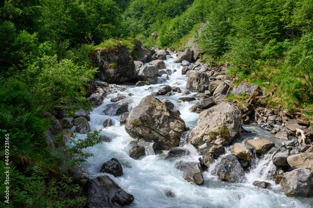 wild flowing Sandbach creek in Sandwald, Linthal Glarus