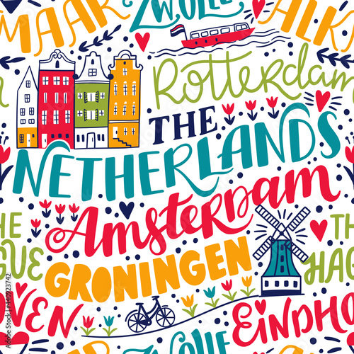 Around the World. THE NETHERLANDS vector lettering seamless pattern. Country and major cities. Vector illustration (ID: 440923742)