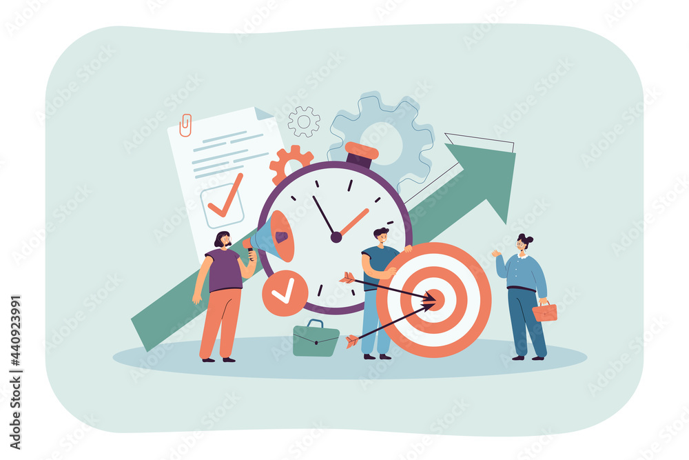 Tiny people with clock, checklist and target. Productive cartoon characters achieving goal flat vector illustration. Discipline, time management concept for banner, website design or landing web page Tiny people with clock, checklist and target. Productive cartoon characters achieving goal flat vector illustration. Discipline, time management concept for banner, website design or landing web page