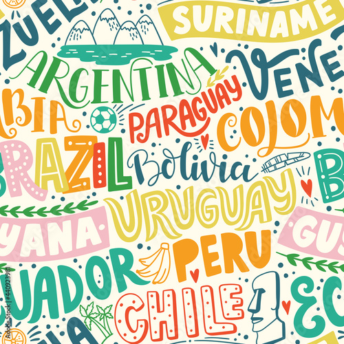 Around the World. SOUTH AMERICA vector lettering seamless pattern. Country and major cities. Vector illustration (ID: 440923981)