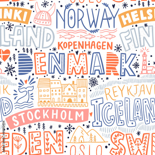 Around the World. NORDIC EUROPE vector lettering seamless pattern. Country and major cities. Vector illustration (ID: 440924114)