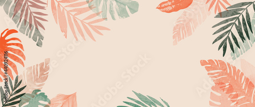 Pink summer tropical background vector. Palm leaves, monstera leaf, Botanical background design for wall framed prints, wall art, invitation, canvas prints, poster, home decor, cover, wallpaper.	 photo