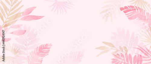 Pink summer tropical background vector. Palm leaves  monstera leaf  Botanical background design for wall framed prints  wall art  invitation  canvas prints  poster  home decor  cover  wallpaper. 