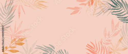 Pink summer tropical background vector. Palm leaves, monstera leaf, Botanical background design for wall framed prints, wall art, invitation, canvas prints, poster, home decor, cover, wallpaper.	