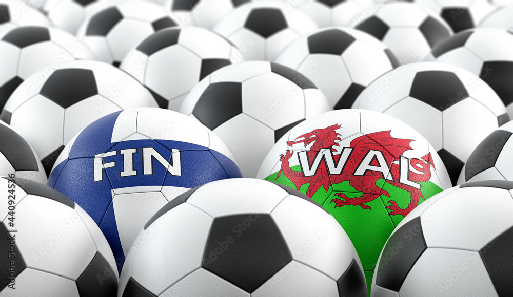 Fototapeta premium Wales vs. Finland Soccer Match - Leather balls in Wales and Finland national colors. 3D Rendering