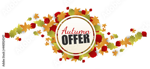 Autumn offer text banner with colorful seasonal fall leaves for shopping discount promotion.