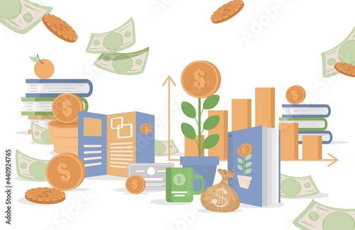 Financial growth, business investment, management and money savings vector flat illustration. Green plants with coins, cash and credit cards. Books and brochures about investing and saving money.