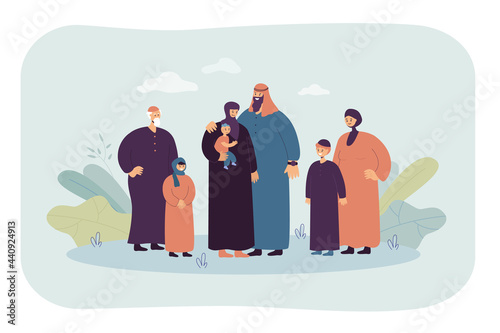 Happy cartoon muslim family. Flat vector illustration. Husband, wife, father, mother, kids wearing arab clothes and hijabs. Old and young Saudi generations. Culture, family, traditions concept