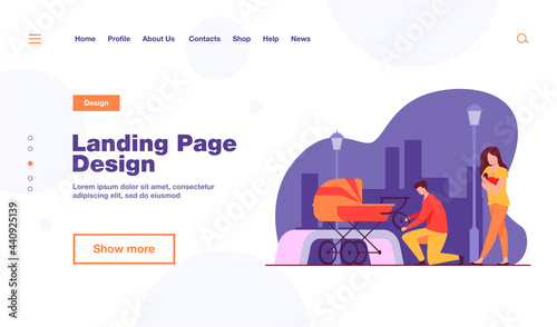 Man repairing pram and woman feeding baby. Wheel, park, newborn flat vector illustration. Motherhood and lactation concept for banner, website design or landing web page