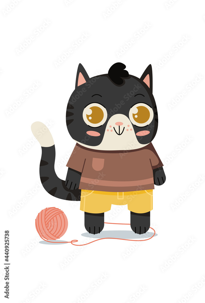 Funny cartoon cat and ball of yarn. Cute little pet. Vector illustration isilated on white background