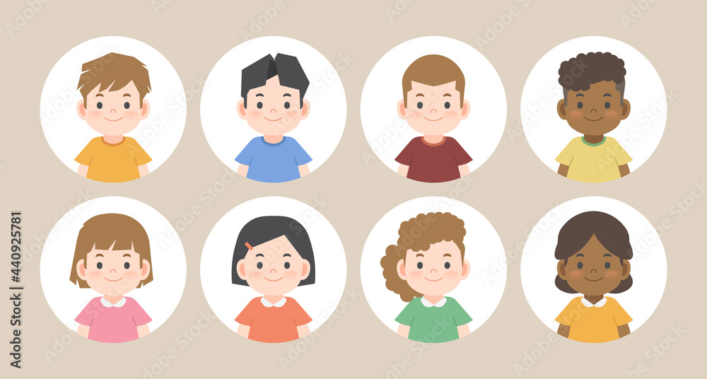 A group of cute kids avatar face icon set design character cartoon in circle illustration vector on white background. Kids concept A group of cute kids avatar face icon set design character cartoon in circle illustration vector on white background. Kids concept