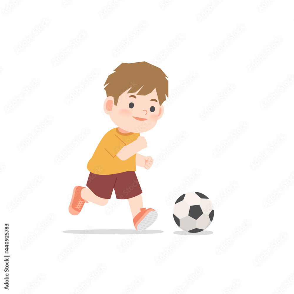 A boy running and smiling be happy playing football on white background, illustration vector. Kids concept