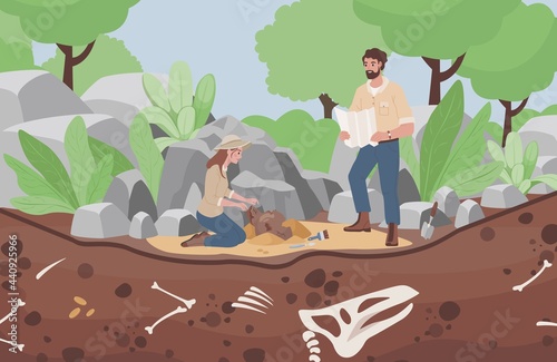 Archaeological excavation vector flat illustration. Men and women scientists in history expedition. Archaeologists researching and digging, paleontology scientists working at excavations.