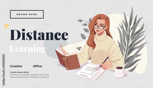 Landing page template for online courses, distance education, Internet studying, training. Yong female teacher having a lesson. Vector illustration