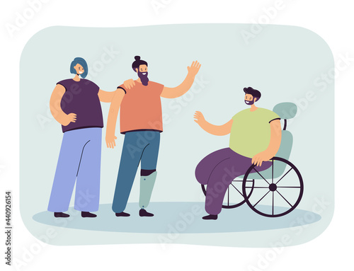 Disabled person greeting man in wheelchair. Character with artificial leg, handicapped people flat vector illustration. Communication, disability, lifestyle concept for banner, website design