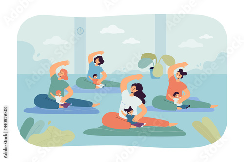 Women doing yoga with babies. Flat vector illustration. Group of mothers exercising with children in gym. Family, healthy lifestyle, sport, motherhood concept for banner design or landing page