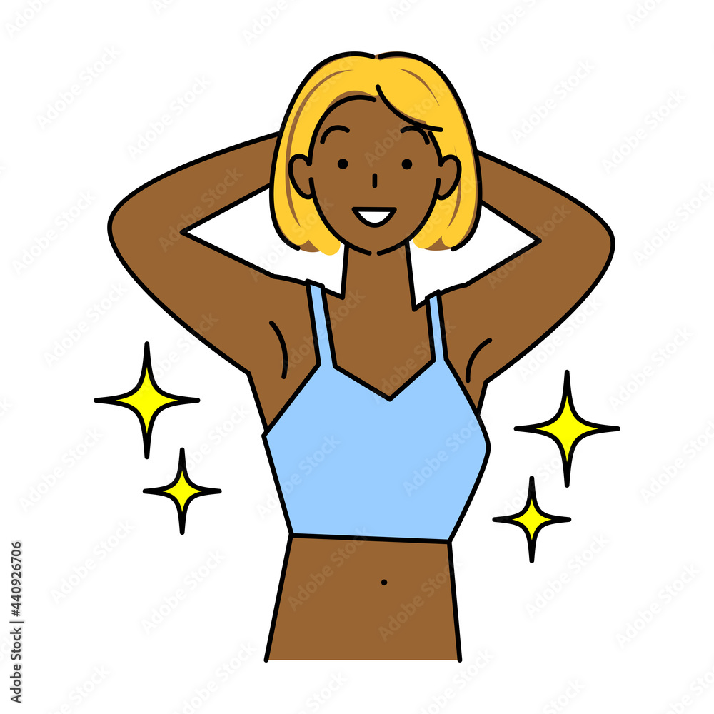 Obraz premium 日焼けサロンで綺麗な小麦色に焼けた肌を喜んでいる可愛い女性 笑顔 イラスト ベクター