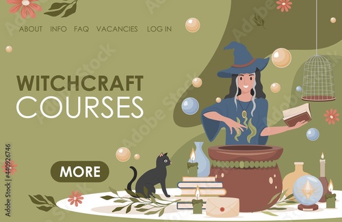 Witchcraft courses vector flat landing page template with text space. Happy smiling woman in witch hat and blue dress preparing magic poison using book. Occult science website template.