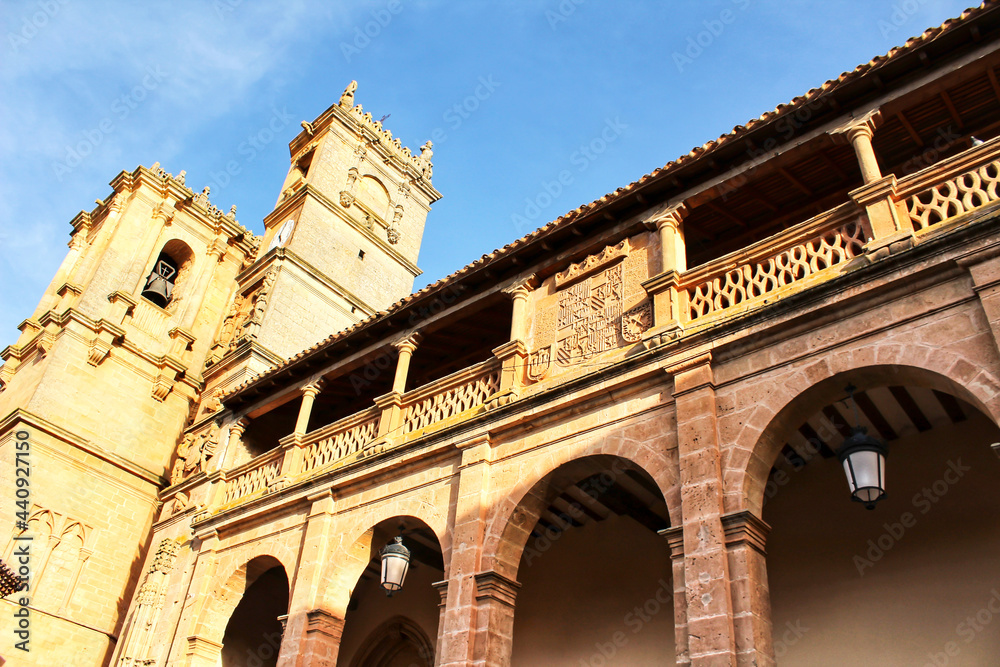 Church towers in Renaissance square in Alcaraz in Castilla La Mancha, Spain