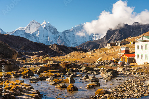 Lobuche village in Everest region in a morning, Himalaya mountains range in Nepal