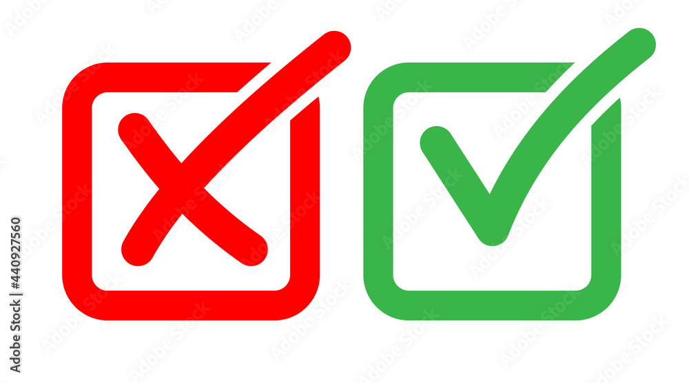 Check list icon box. Checkmark cross and right, red and green vector shape sign. Wrong and correct approved mark vote symbol Check list icon box. Checkmark cross and right, red and green vector shape sign. Wrong and correct approved mark vote symbol