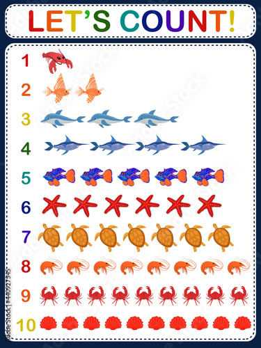 educational children's vector illustration on the topic of simple mathematical calculation. Marine life. Count game 