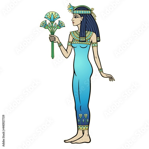 Animation color portrait: beautiful Egyptian woman stands with a bouquet of flowers in hand. Full growth. Goddess, princess. Profile view. Vector illustration isolated on a white background. 