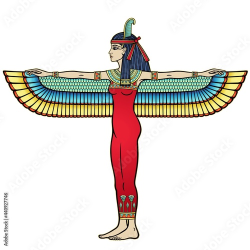 Animation color  portrait: winged goddess of justice Maat. Full growth. Profile view. Vector illustration isolated on a white background. Print, poster, t-shirt, tattoo.