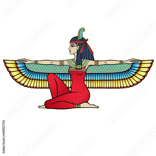 Animation color portrait: sitting goddess of justice Maat. Profile view. Vector illustration isolated on a white background. Print, poster, t-shirt, tattoo.