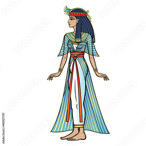 Animation color portrait: beautiful Egyptian woman in ancient clothes with a flower on the head. Full growth. Goddess, princess. Profile view. Vector illustration isolated on a white background. 